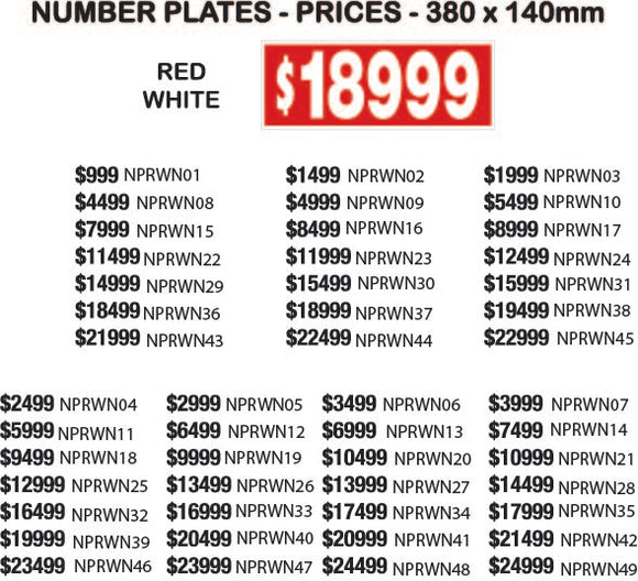 Corflute Number Plates - Red and White